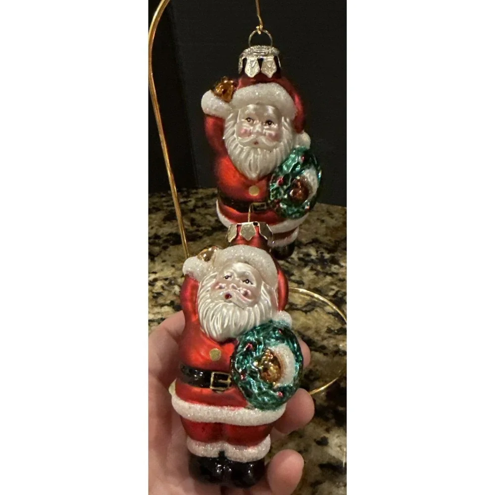 Santa Claus Glass Christmas Holiday Tree‎ Ornaments Set Of 2 Wreath Vintage